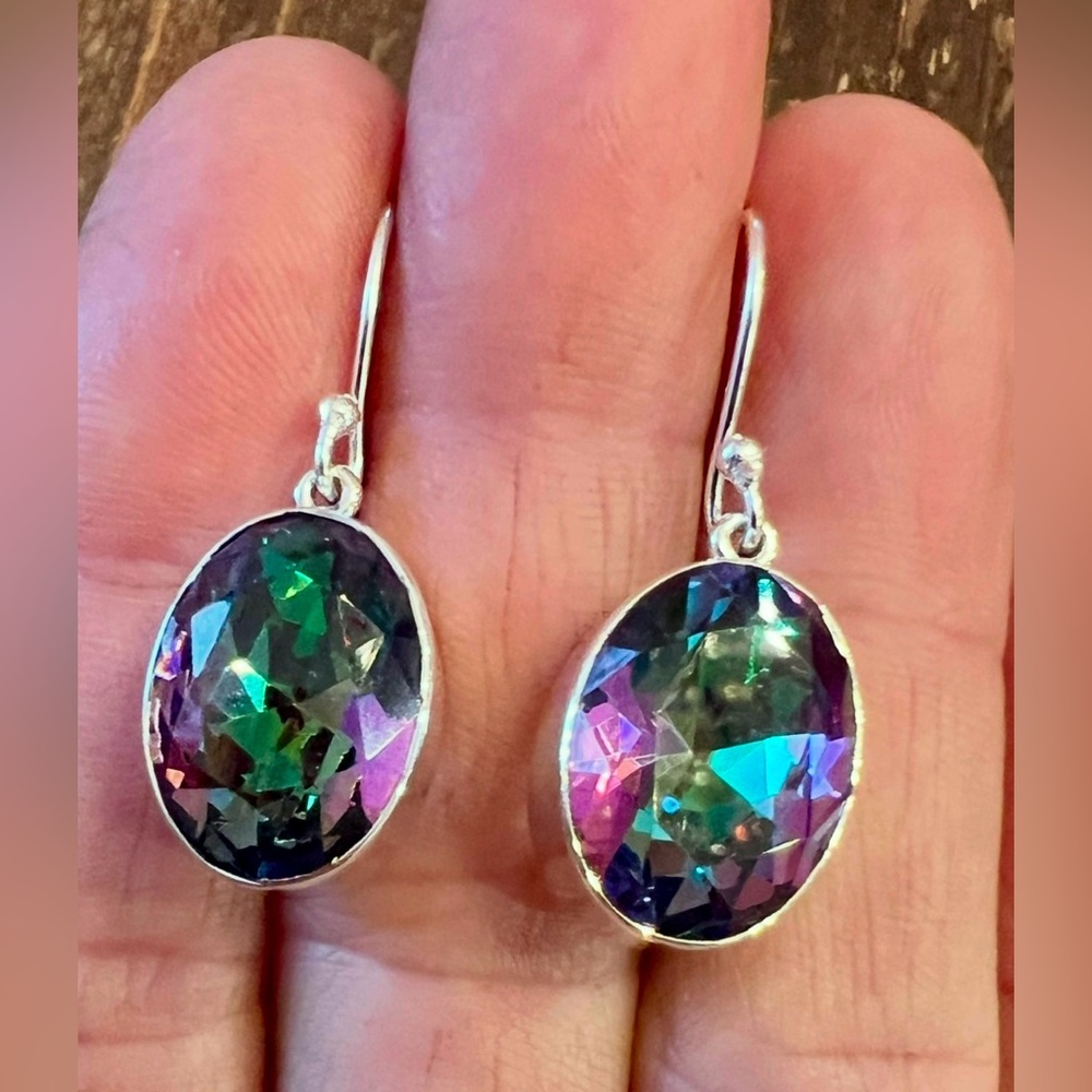 Sundance $158 NEW 1-1/4" Rainbow MYSTIC TOPAZ Sterling Silver Handmade Earrings